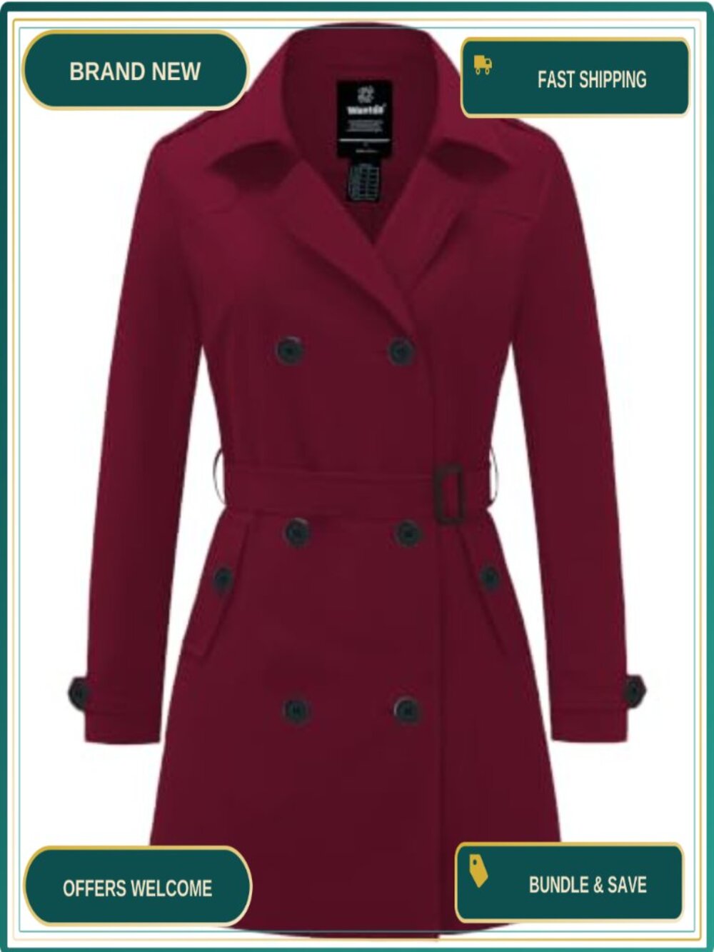 Women's Trench Coat Classic Lapel Double Breasted Belted Overcoat